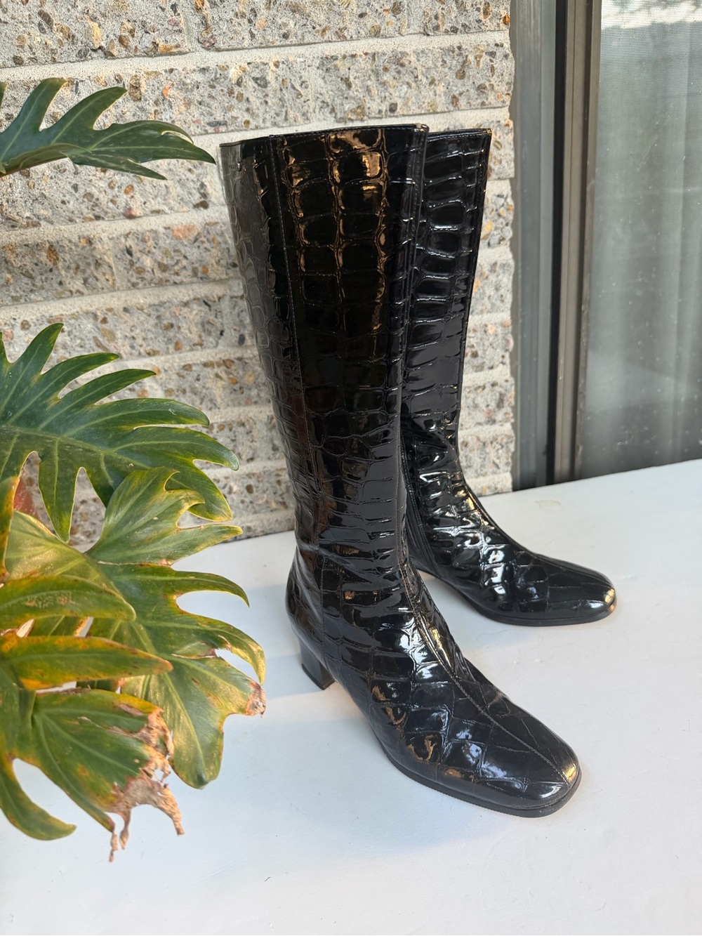 VALDINI 8.5 Petra Black Croc-Embossed Patent Knee-High Boots